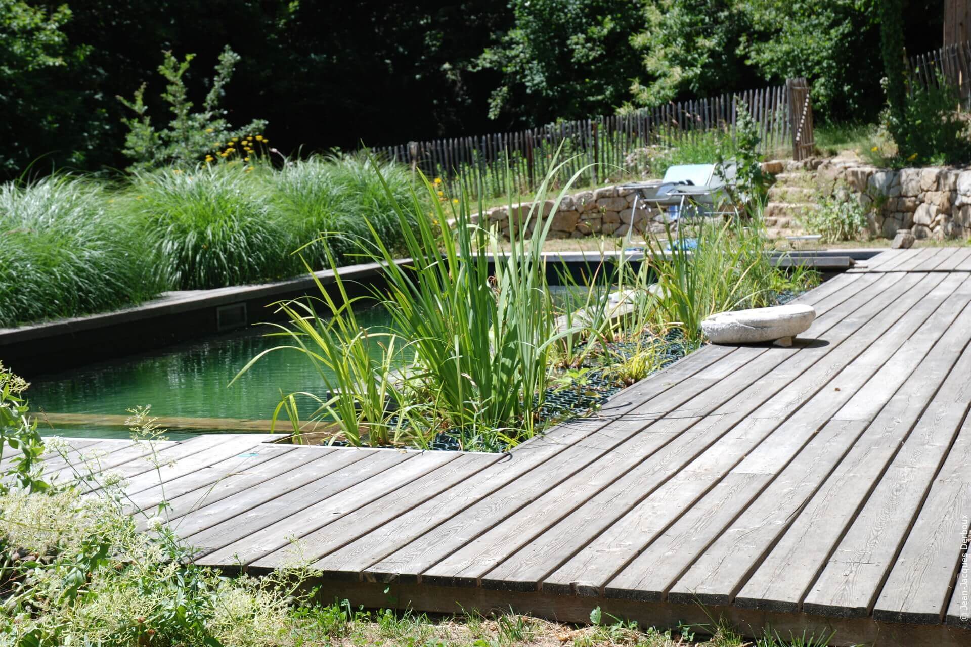 Baignade biologique, terrasse bois, végétaux pour phyto-épuration, ganivelle, muret en pierre